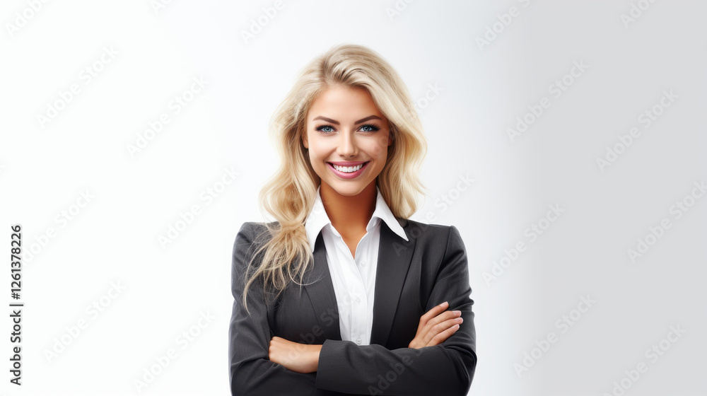 A cheerful blond businesswoman standing confidently with a smile, radiating positivity and professionalism against a pure white backdrop. A cheerful blond businesswoman standing confidently with a smile, radiating positivity and professionalism against a pure white backdrop.