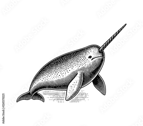 narwhal engraving black and white outline