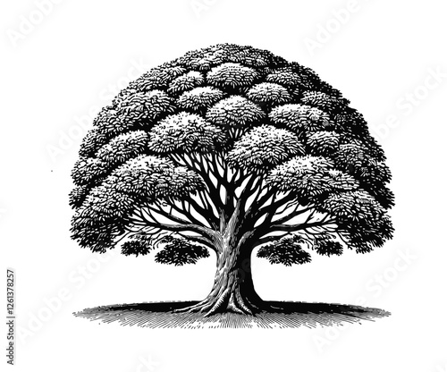 tree has a symmetrical, semi-circular canopy with dense foliage engraving black and white outline