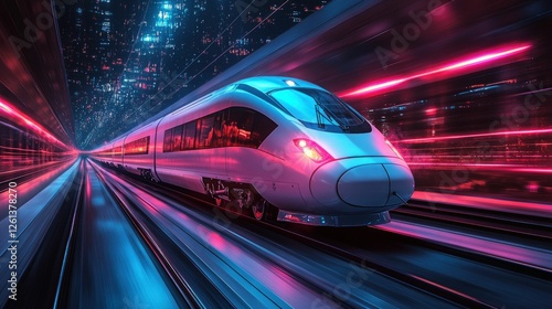 Futuristic high-speed train, night city, vibrant lights.
