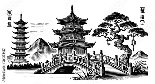 traditional East Asian pagoda temple with a curved bridge and a tree engraving black and white outline