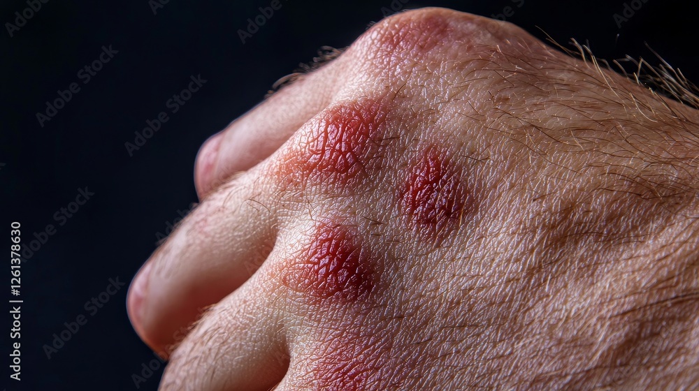 Extreme close-up of mosquito bite welts on the back of a hand, red inflamed spots with fingers about to scratch the itchy area Extreme close-up of mosquito bite welts on the back of a hand, red inflamed spots with fingers about to scratch the itchy area