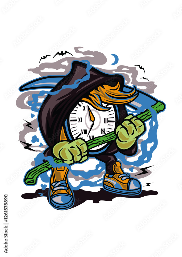 Time's Grim Embrace: An animated illustration of a clock personified as a grim reaper, wielding a scythe, with a dark hooded cloak and menacing yet whimsical appearance. Time's Grim Embrace: An animated illustration of a clock personified as a grim reaper, wielding a scythe, with a dark hooded cloak and menacing yet whimsical appearance.
