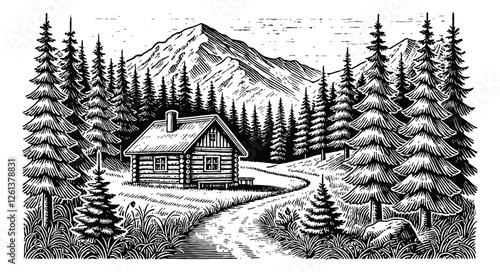 small cabin in the woods with mountains in the background engraving black and white outline