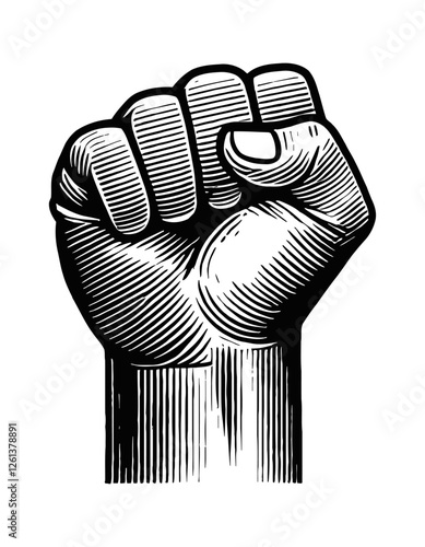 raised fist engraving black and white outline