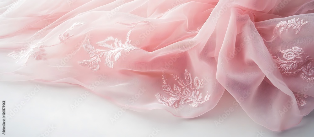 Sheer pastel pink curtains with delicate embroidery, isolated on a white background, front view. Sheer pastel pink curtains with delicate embroidery, isolated on a white background, front view.