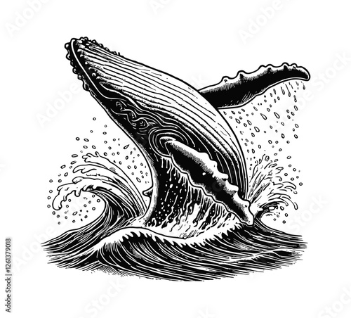 humpback whale breaching from the water engraving black and white outline