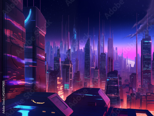 A futuristic city skyline at night, featuring towering skyscrapers with neon lights and glass facades that reflect the city lights, creating a dramatic and ultra-realistic atmosphere.