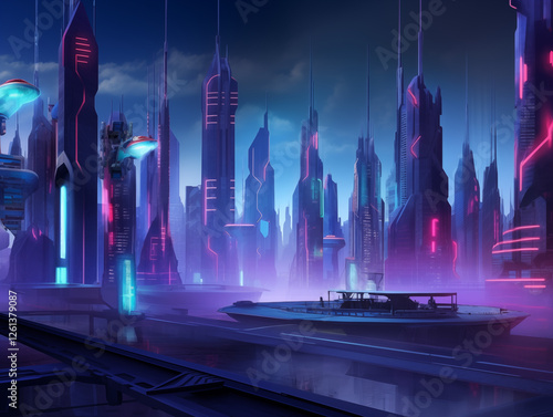 A futuristic city skyline at night, featuring towering skyscrapers with neon lights and glass facades that reflect the city lights, creating a dramatic and ultra-realistic atmosphere.