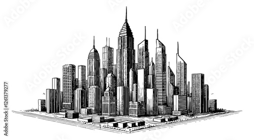 modern city skyline engraving black and white outline