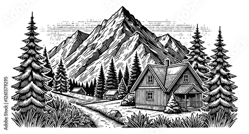 mountain landscape with a small wooden cabin, surrounded engraving black and white outline