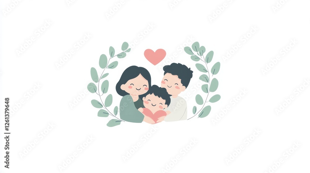Logo of a happy family, vector illustration, white background, green eucalyptus leaves around the logo, pink hearts between the mother, father, and son hugging each other with smiles on their faces, c Logo of a happy family, vector illustration, white background, green eucalyptus leaves around the logo, pink hearts between the mother, father, and son hugging each other with smiles on their faces, c