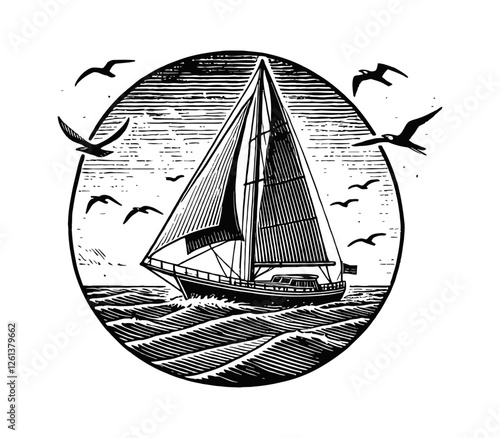 sailboat on the ocean, with birds flying above engraving black and white outline