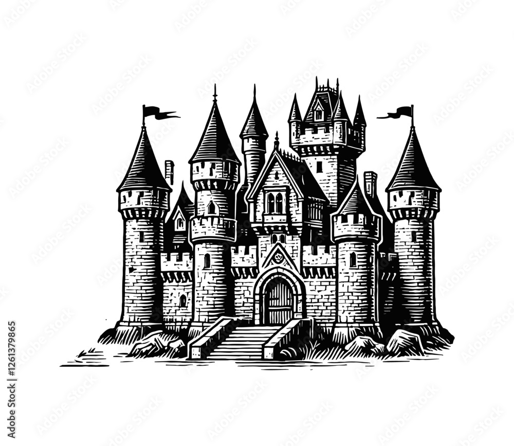 Obraz premium medieval stone castle engraving black and white outline