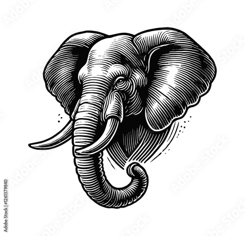 elephant head engraving black and white outline