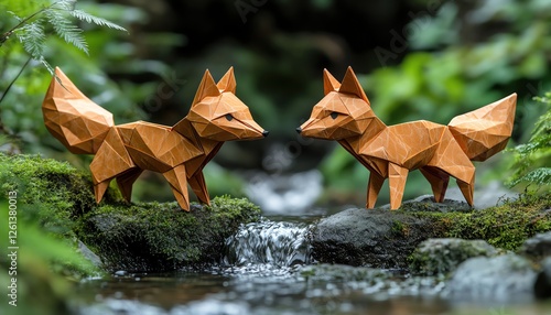 Two orange origami foxes by a stream, in a lush green forest photo