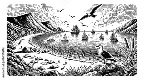seagull engraving black and white outline