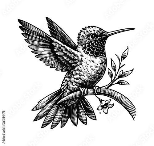 hummingbird engraving black and white outline