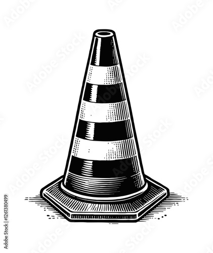 single traffic cone engraving black and white outline