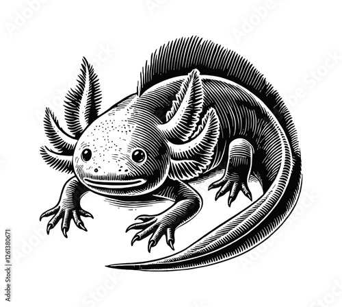 axolotl engraving black and white outline