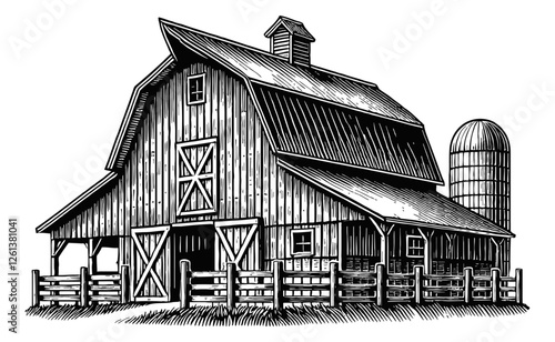 barn farm engraving black and white outline