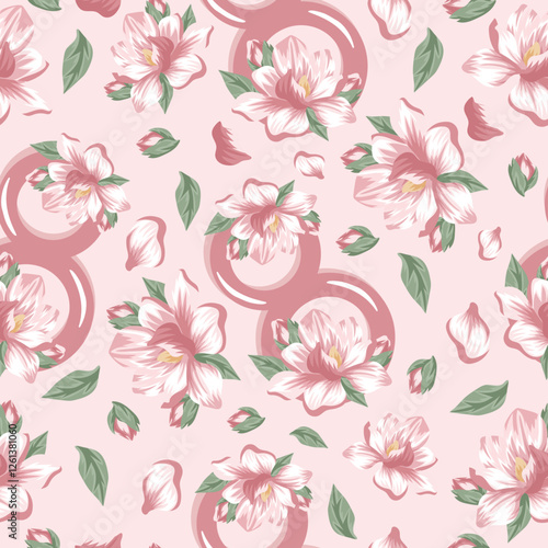 seamless pattern with pink figures of eight with magnolia design and pink magnolia buds arranged randomly on a pink background for the eighth of March holiday