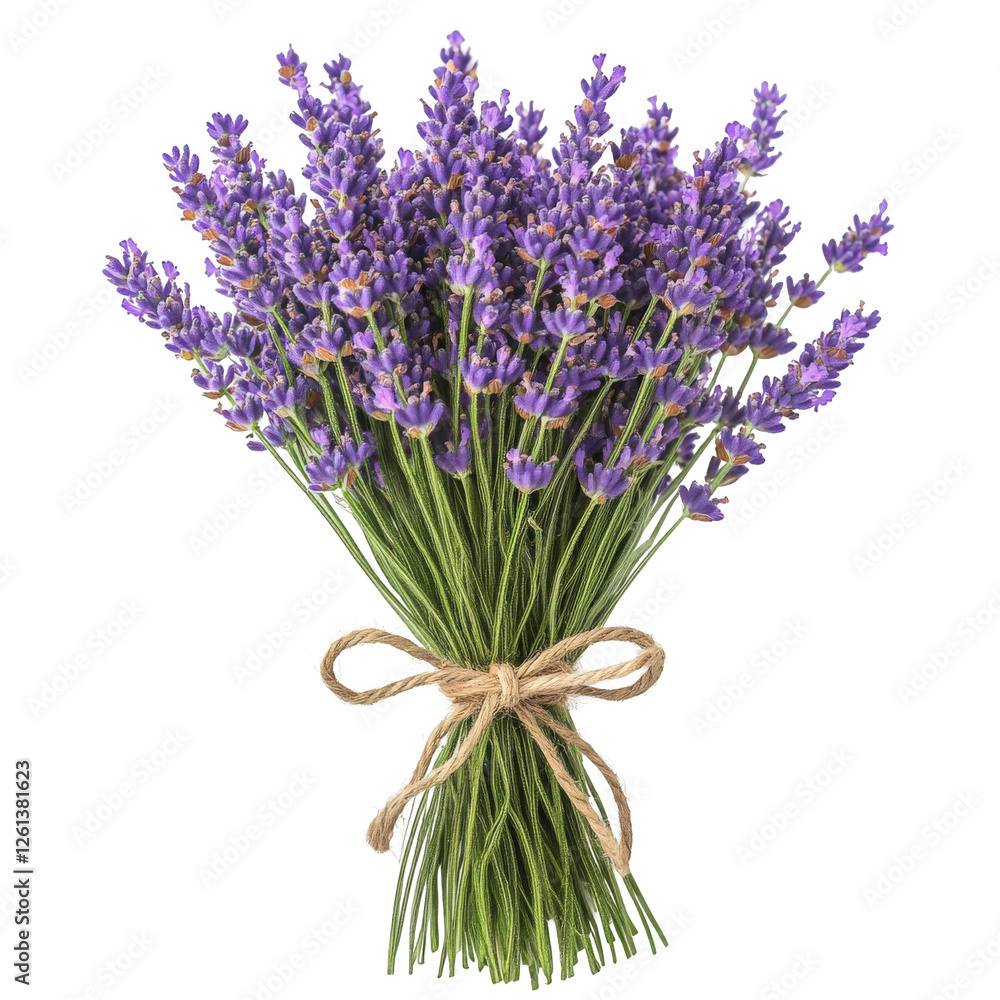 Fototapeta premium A vibrant lavender bouquet tied with a rustic twine bow, transparent background, PNG