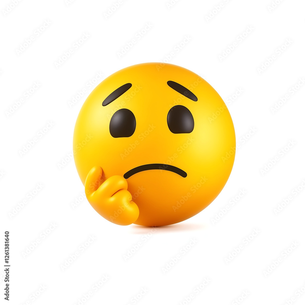Fototapeta premium Bright yellow thinking emoji with a pondering expression, raised eyebrows, and hand on chin, set against a white background.
