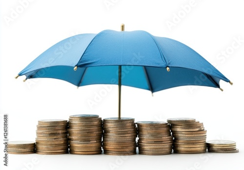 Blue Umbrella Protecting Stacks of Coins Symbolizing Financial Security and Investment Safety in Economic Uncertainty and Wealth Management Concept photo