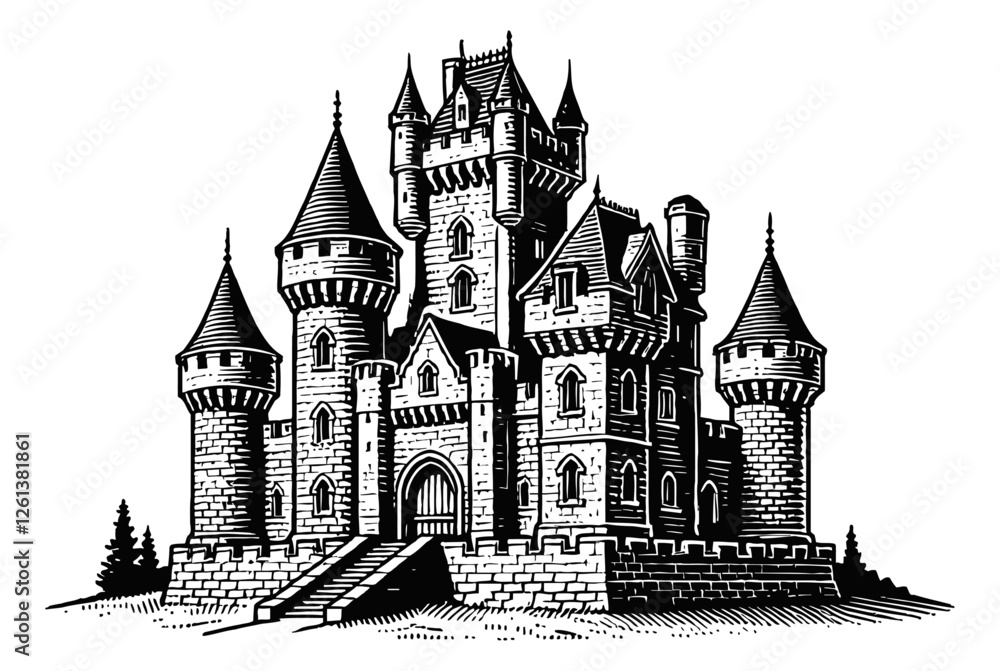 Obraz premium medieval stone castle engraving black and white outline