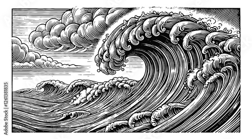 ocean wave engraving black and white outline