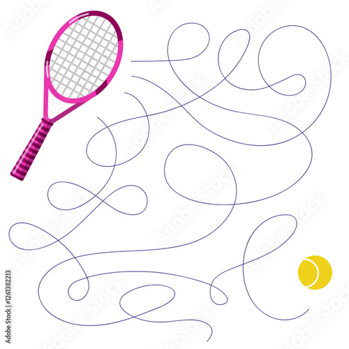 Find the right path from the tennis racket to the ball. Maze game. Sport vector illustration on a white background for children's entertainment, activity book, worksheet.