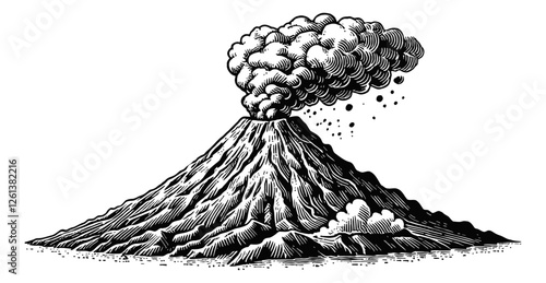 volcanic mountain erupting engraving black and white outline