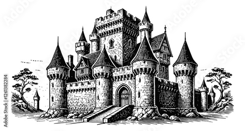 medieval stone castle engraving black and white outline