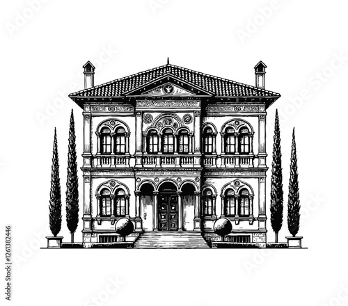 Italian villa with cypress trees and a palm tree on either side engraving black and white outline