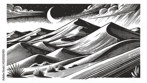 desert landscape engraving black and white outline