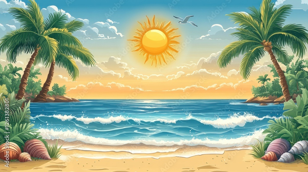 Obraz premium Idyllic tropical beach sunset scene, palm trees, ocean waves.