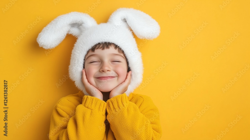 Smiling child with closed eyes wearing a hat with bunny ears on a yellow background. Smiling child with closed eyes wearing a hat with bunny ears on a yellow background.