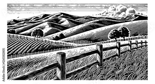 countryside landscape with rolling hills and a fence engraving black and white outline