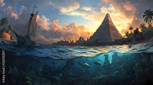 The seabed's ancient pyramid, a remnant of a vanished civilization, unveils the mysteries concealed within the ocean's depths. Ancient Sunken Civilizations. Illustration