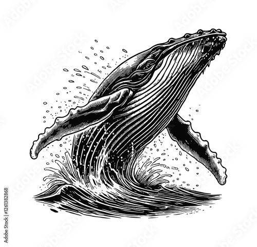 humpback whale breaching from the water engraving black and white outline