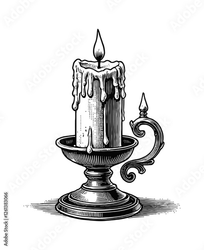 single candle with a holder engraving black and white outline