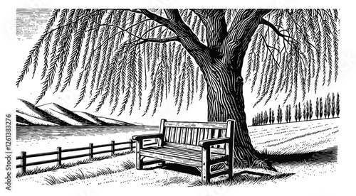 willow tree with a wooden bench engraving black and white outline