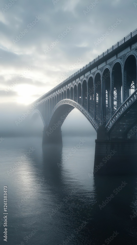 Fototapeta premium Misty morning bridge spans tranquil water