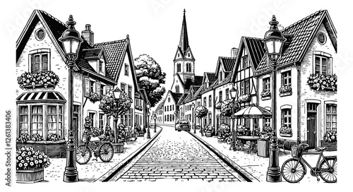 European village street engraving black and white outline