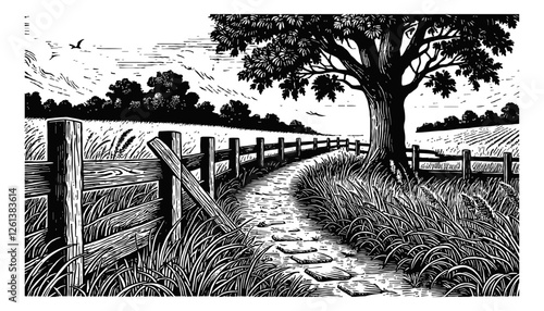 serene countryside pathway bordered by tall engraving black and white outline