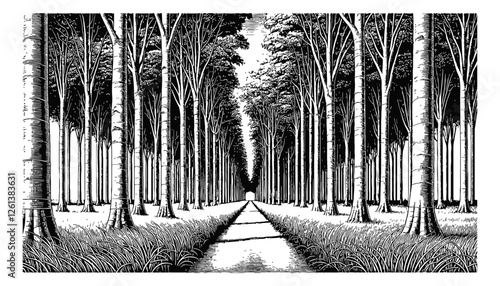 serene forest path engraving black and white outline