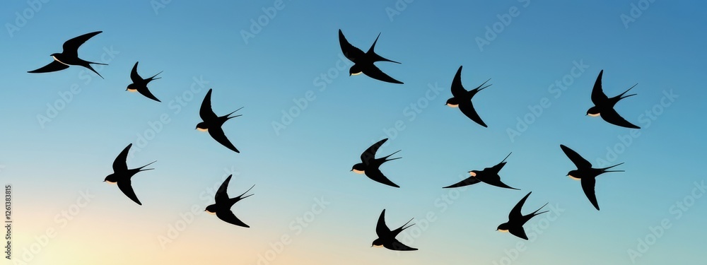Silhouettes of flying swallows at dusk. Wide banner minimalist illustration Silhouettes of flying swallows at dusk. Wide banner minimalist illustration