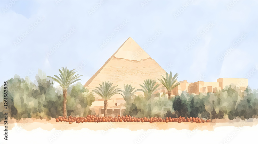 Watercolor painting of a pyramid with palm trees and desert landscape. Watercolor painting of a pyramid with palm trees and desert landscape.