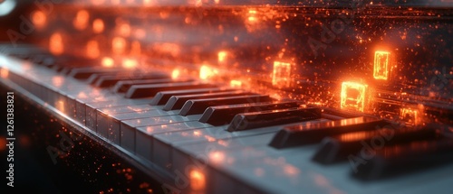Fiery piano keys glow  musical magic sparks.
